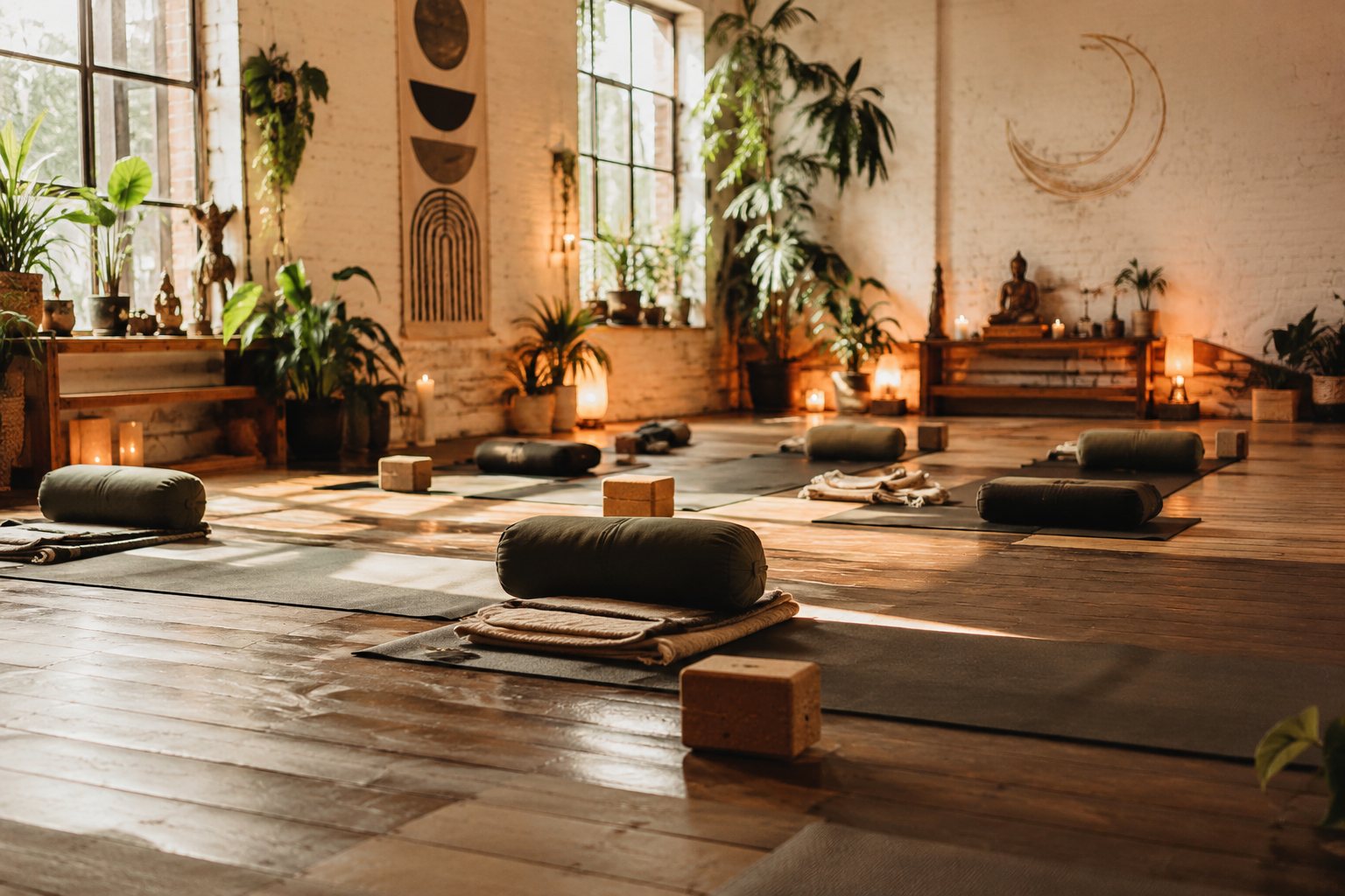 Natural-light wellbeing and yoga studio with mats, cushions and plants